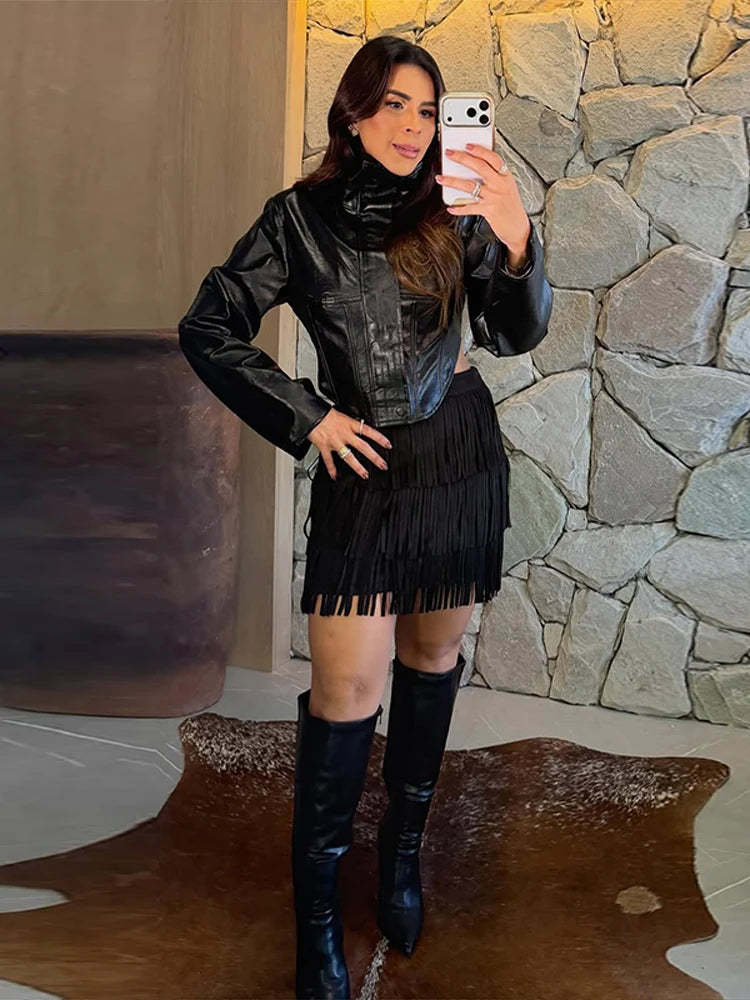 Tailored Crop Front Faux Leather Biker Jacket for Women