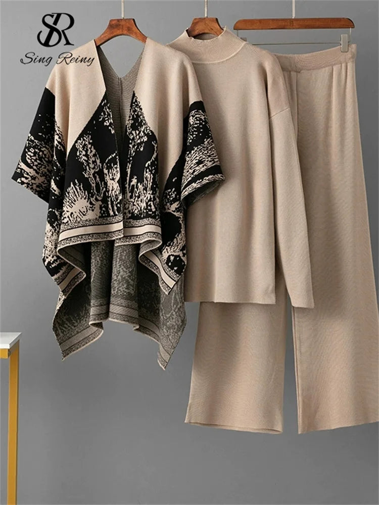 Loose Jacquard Knit Sweater and Wide Leg Pants Set for Women