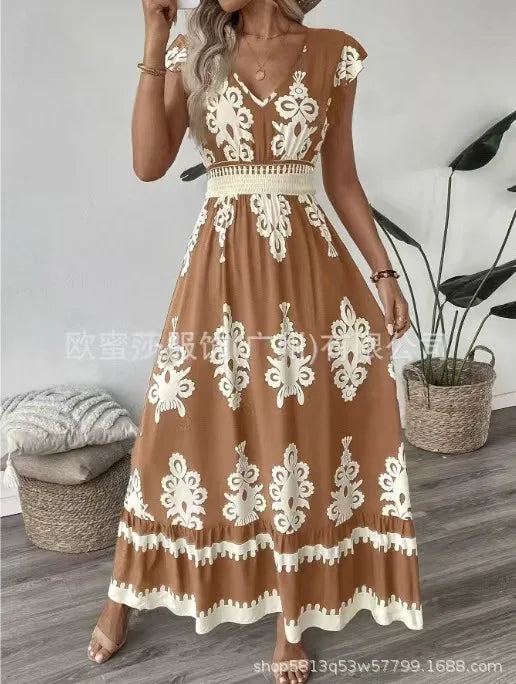 Beach Print Midi with V-Neck and High Waist Dress for Women
