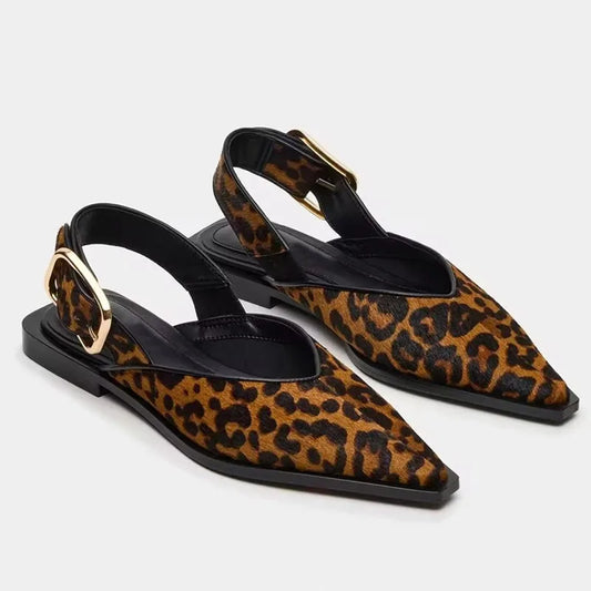 Leopard Print Buckle Flat Sandals