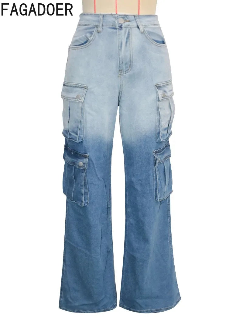 FAGADOER Fashion Gradient Denim Wide Leg Pants Women Summer New Cargo Pocket Patchwork Pants Female Streetwear Bottoms 2025