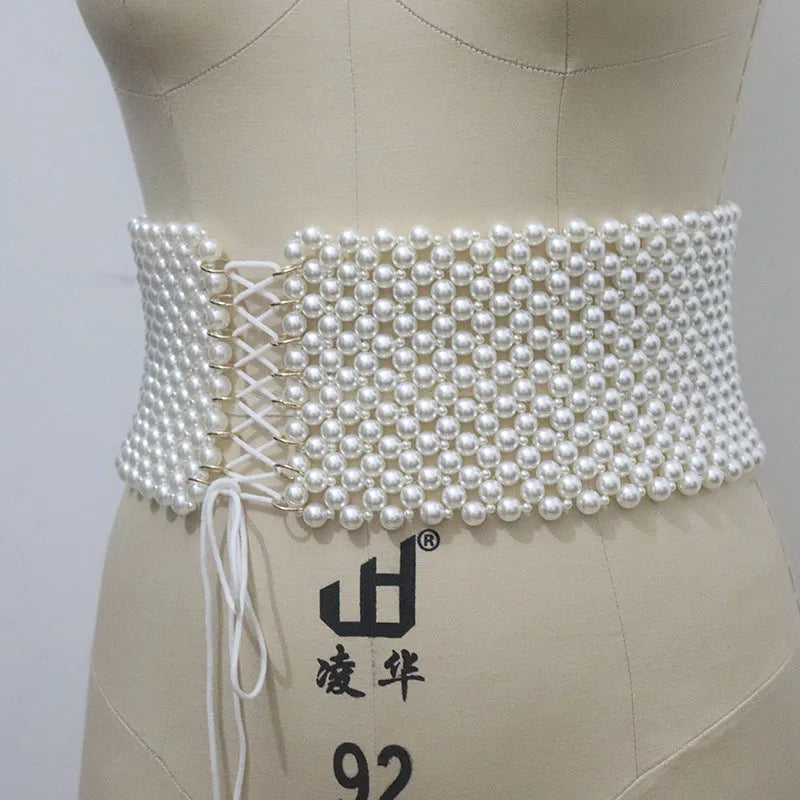 Pearl Rhinestone Elastic Waist Chain Belt for Women
