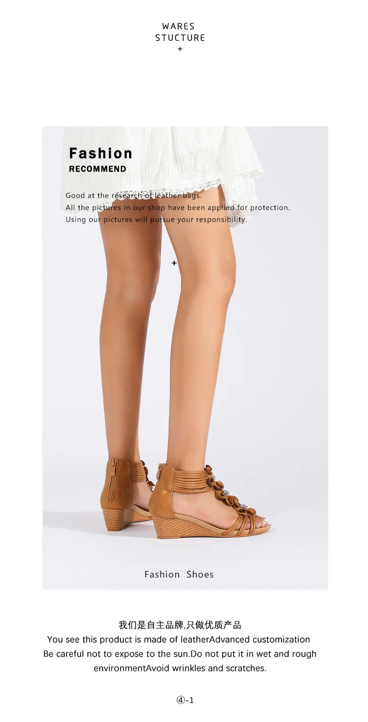 Bohemian Floral Vintage Leather Wedge Sandals for Women