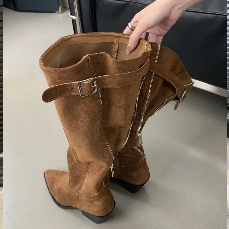 Belt Buckle Knee High Boots