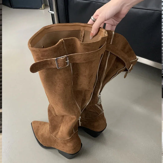 Eilyken Designer Belt Buckle Pointed Toe Women Knee-High Boots Fashion Winter Zipper Square Low Heels Female Shoes