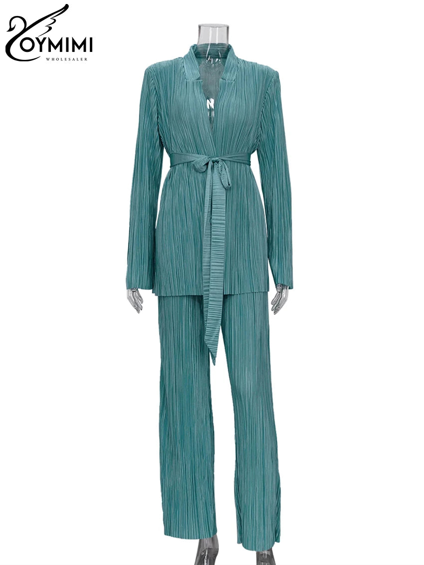 Oymimi Sexy Black Pleated 2 Piece Sets Women Outfit Fashion Loose Slit Long Sleeve Lace-Up Top With High Waist Pants Set Female