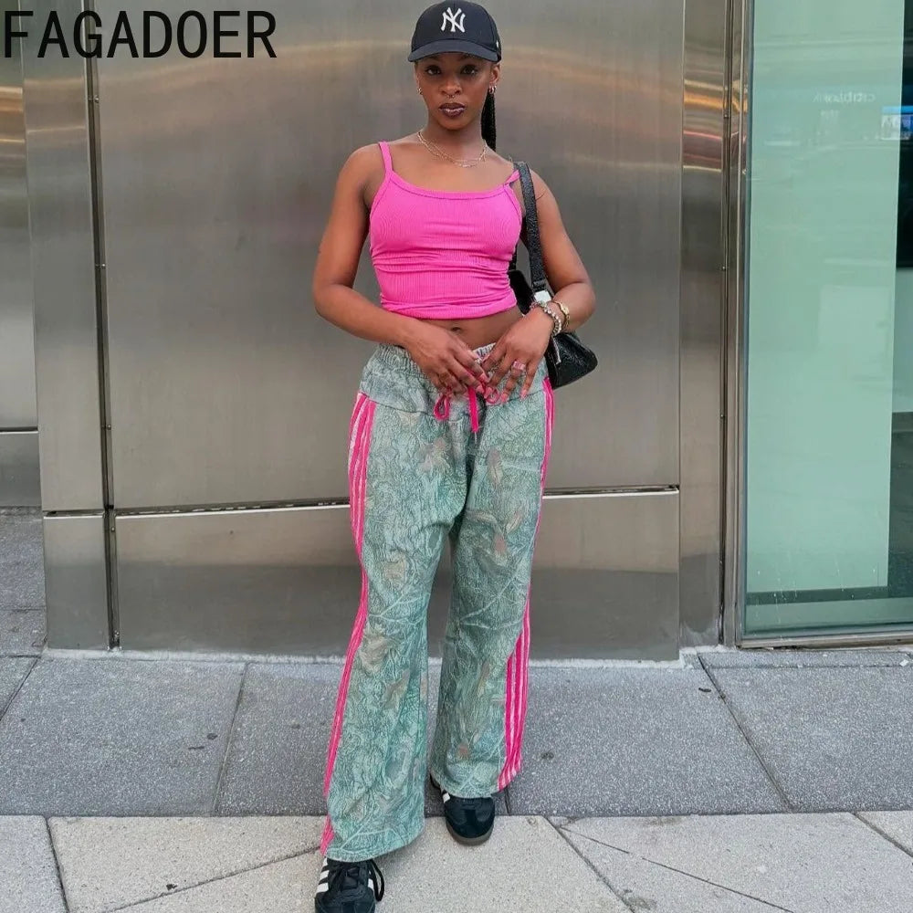 HLJ Fashion Camouflage Print Straight Leg Pants Women Stripe Drawstring Patchwork Pants Casual Female Streetwear Bottoms 2025