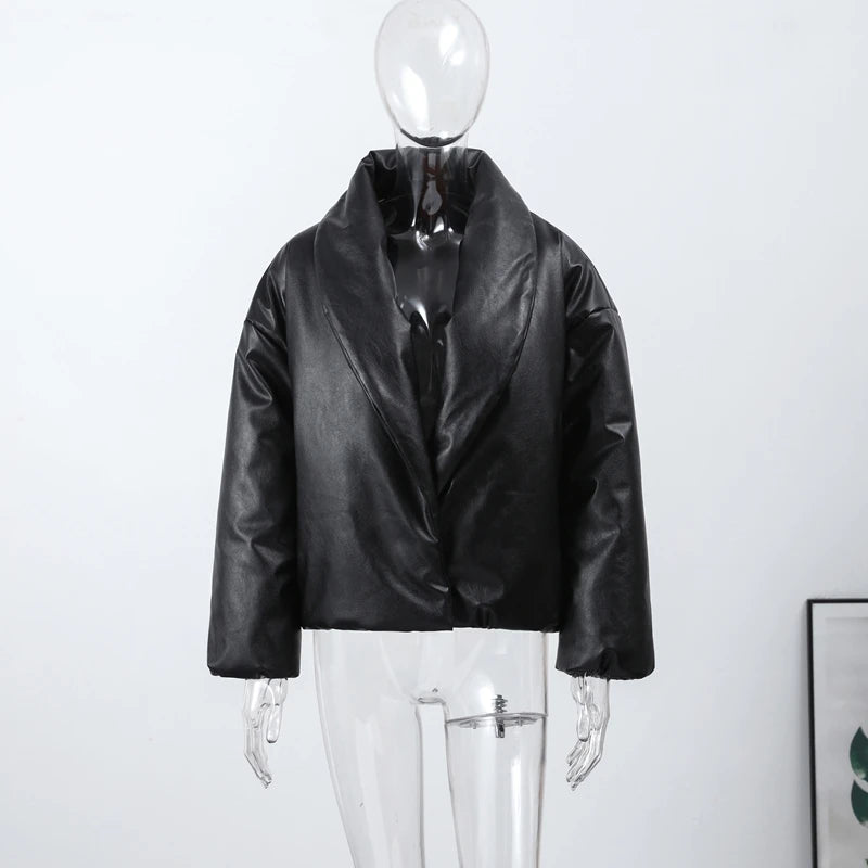 PU Leather Women's Cotton Coat Vintage Laple Full Sleeve Thicken Pockets Female Parka Jackets 2025 Autumn Winter Lady Streetwear