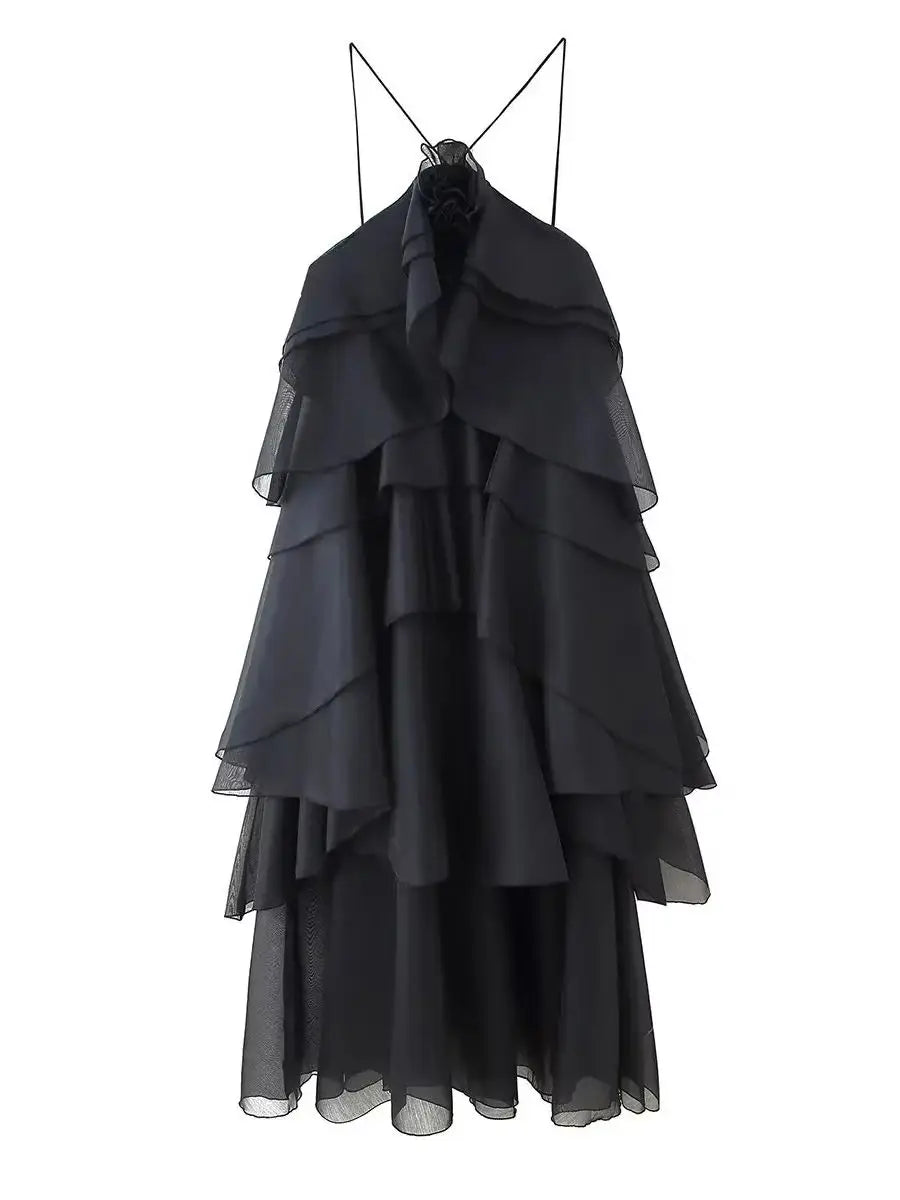 Backless 3D Flower Cascading Ruffle Halter Maxi Dress For Women