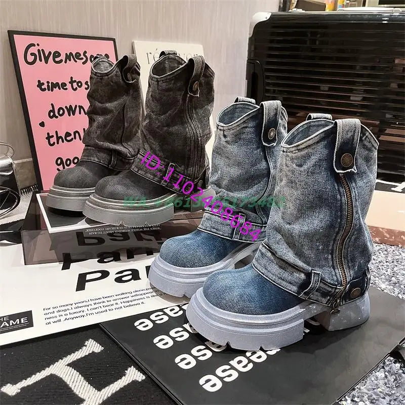 Design Women High Platform Sole Denim Flat Ankle Boots Lady Jeans Ankle Boots Platform Flat Denim Boots