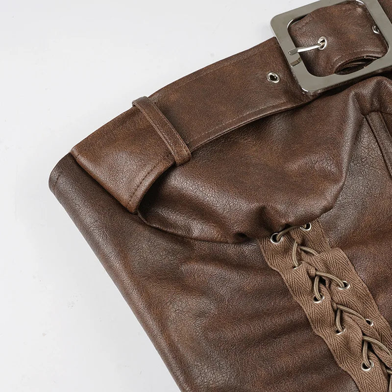 Sexy Leather Corset Vest, Cinched Waistband, Metal Buckle Top, Punk Style, Individualistic Street Style, Spicy Girl Outfit