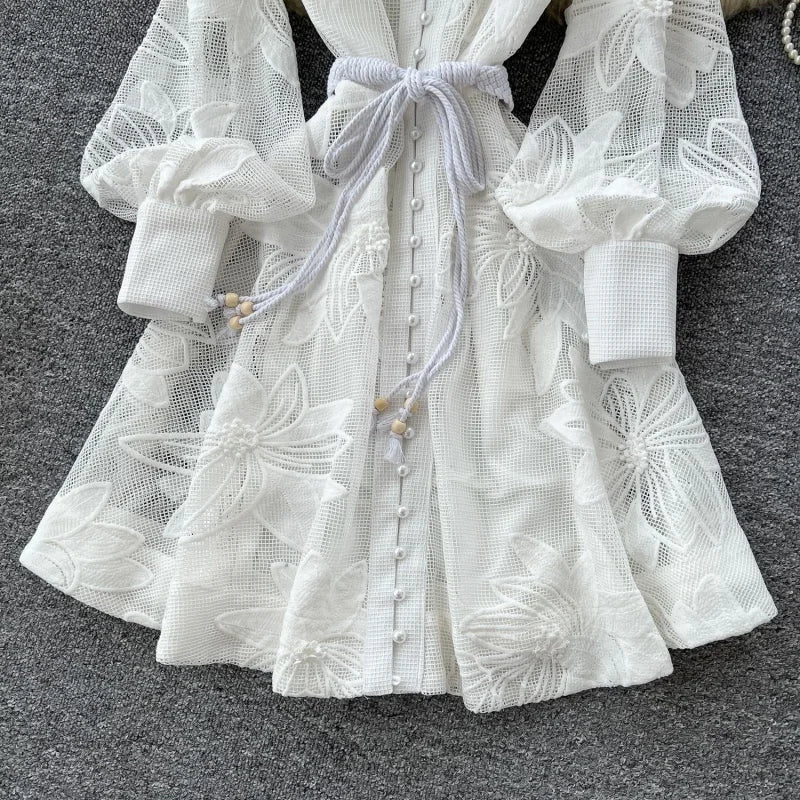 Elegant Embroidered Lantern Sleeve Midi Dress for Women