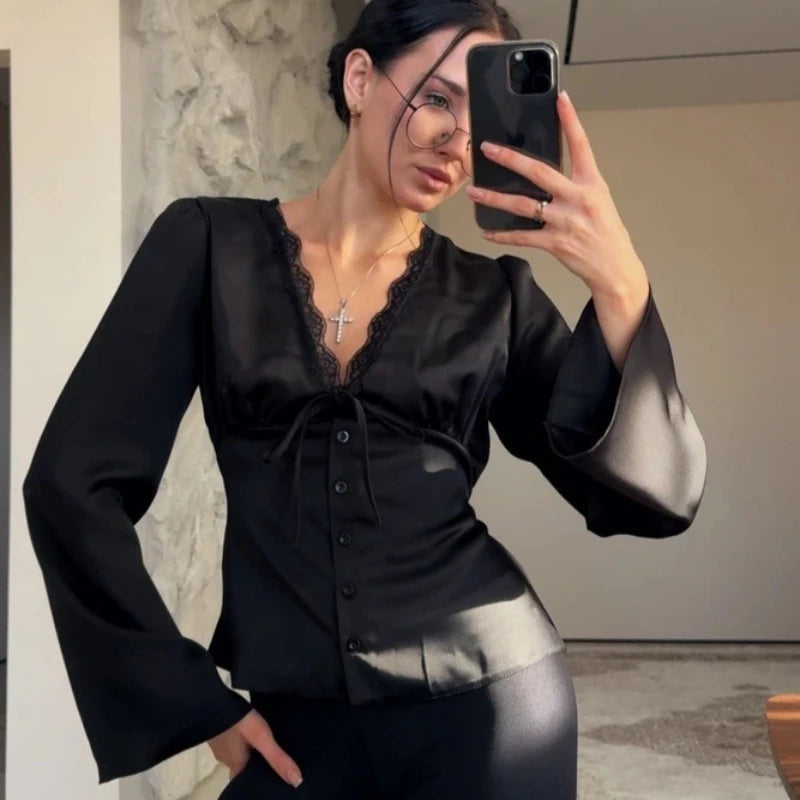 Lace-Up Satin Patchwork V-Neck Vest Top for Women**