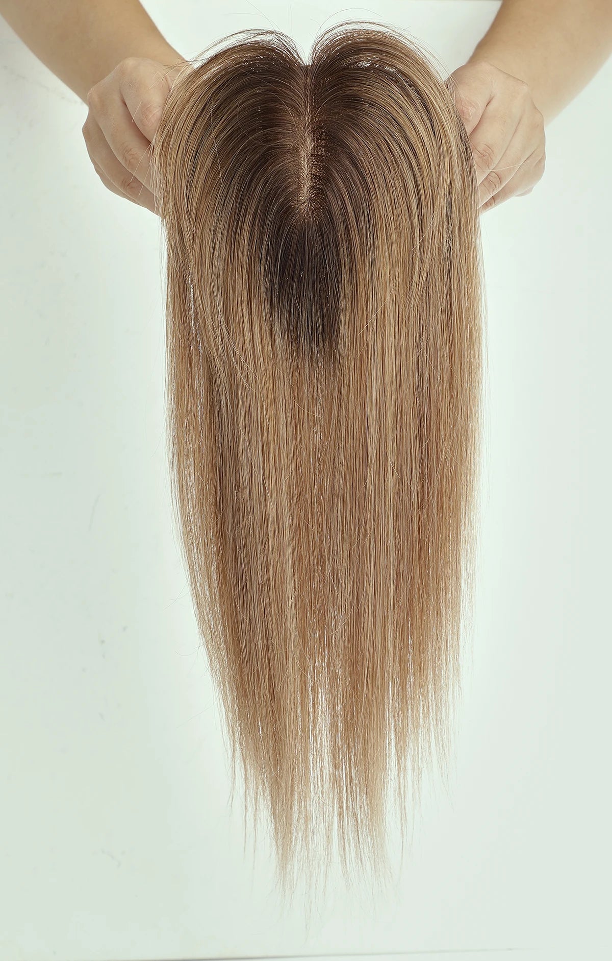 Brown Ombre Silk Base Human Hair Topper With Bangs For Women