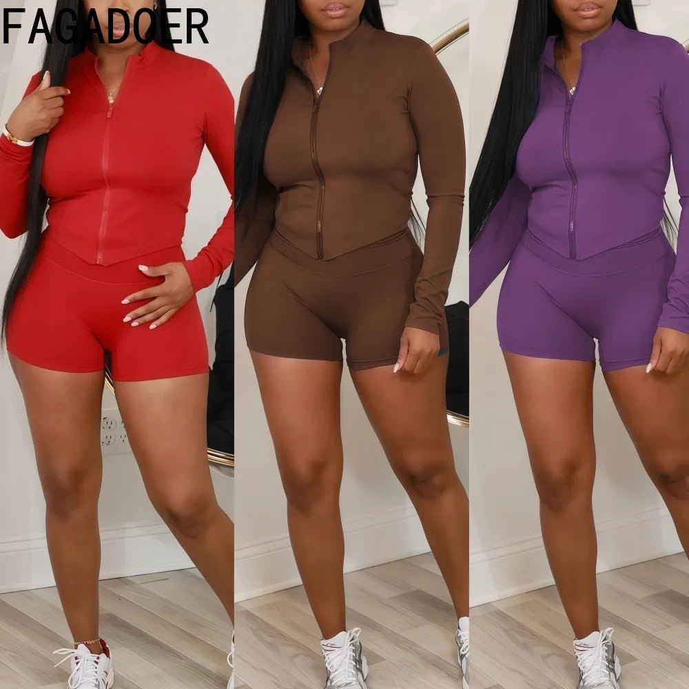 FAGADOER Fashion Sports Two Piece Outfits Woman Long Sleeve Zipper Jacket and High Waist Leggings Jogger Female Streetwear New