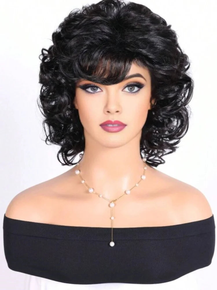 Natural Fluffy Curly Synthetic Wig With Side Edges 12 Inches For Women