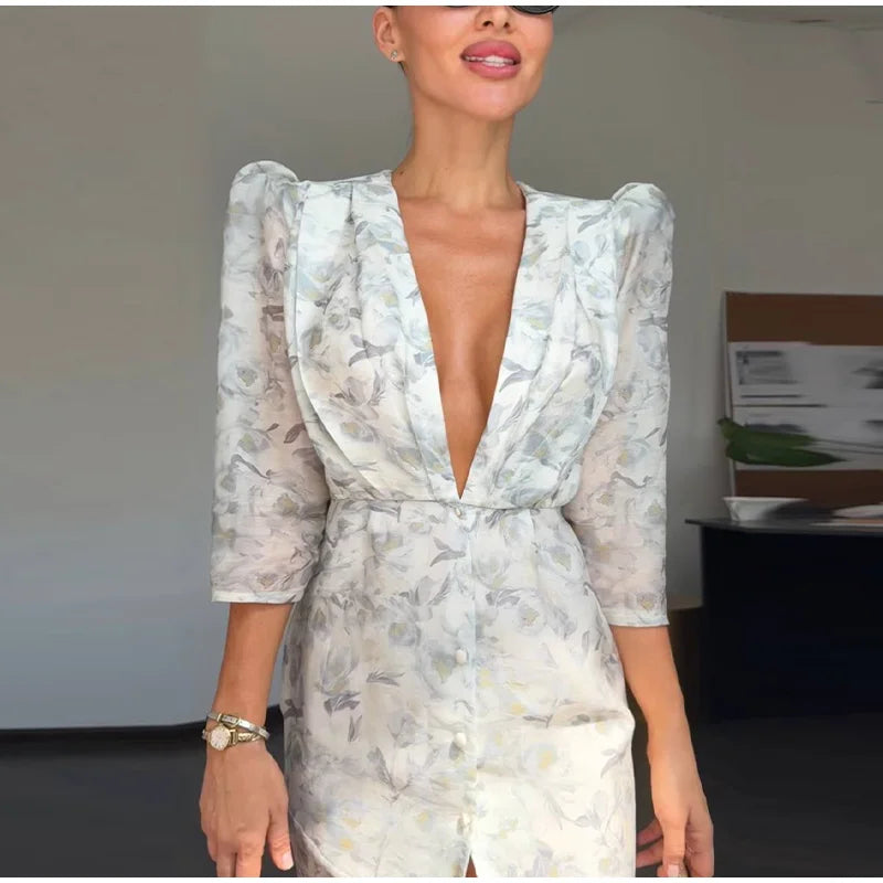 Printed Organza Deep V-neck Half Sleeve Cinched Waist Pleated Dress for Women