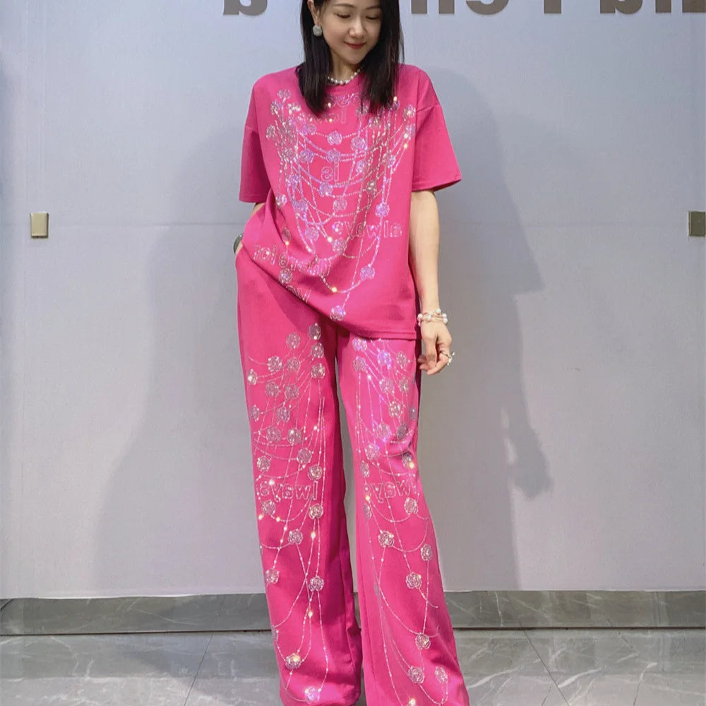 Elegant Lady Summer Two-piece Set Luxury Space Cotton Hot Diamonds Loose Short Sleeve T-shirt Top + Elastic Waist Wide Leg Pants