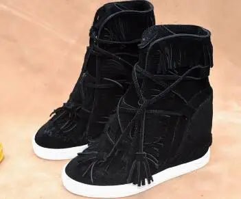 Girls Beige Black Gray Pink Suede Genuine Leather Round Toe Tassel Fringed 8 CM Height Increasing Wedges Sneakers Ankle Boots