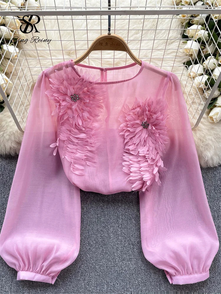 Sheer Floral Bohemian Long Sleeve Satin Blouse for Women