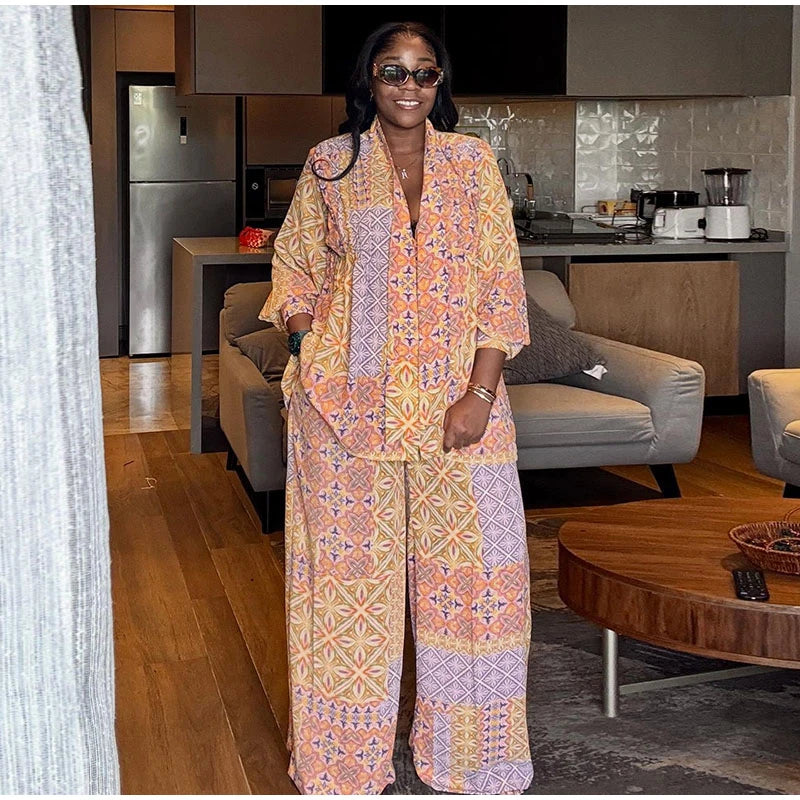 Casual Print Long Sleeve V-Neck Top Wide-Leg Trousers Two-Piece Set for Women