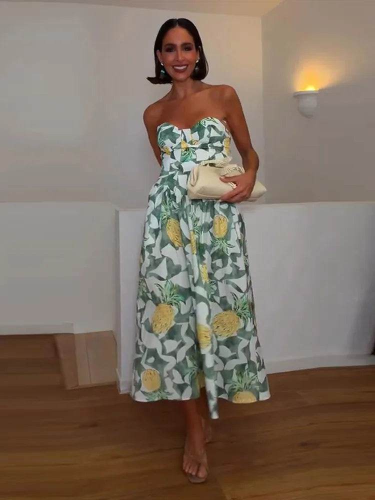 Printed Strapless Long Backless Dress With Pockets For Women