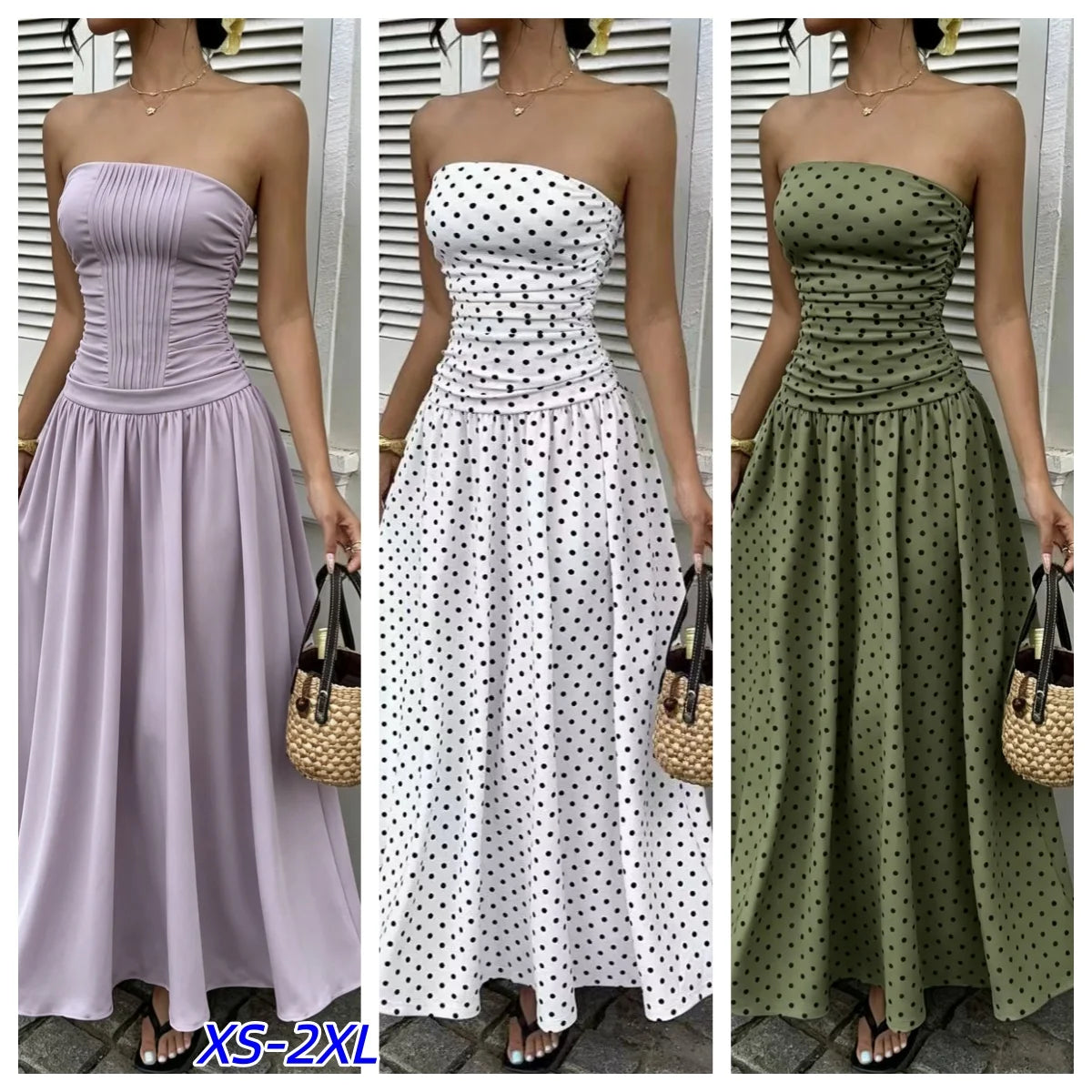 Vintage Polka Dot Strapless Ruffle Maxi Dress for Women