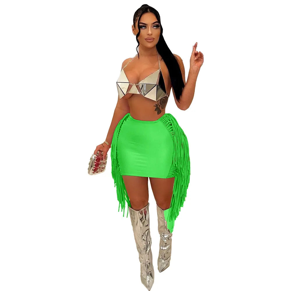 FAGADOER Sexy Tassel Bodycon Mini Skirts Party Club Outfits Women Fashion Chic Streetwear Short Birthday Holidays Skirt Solid