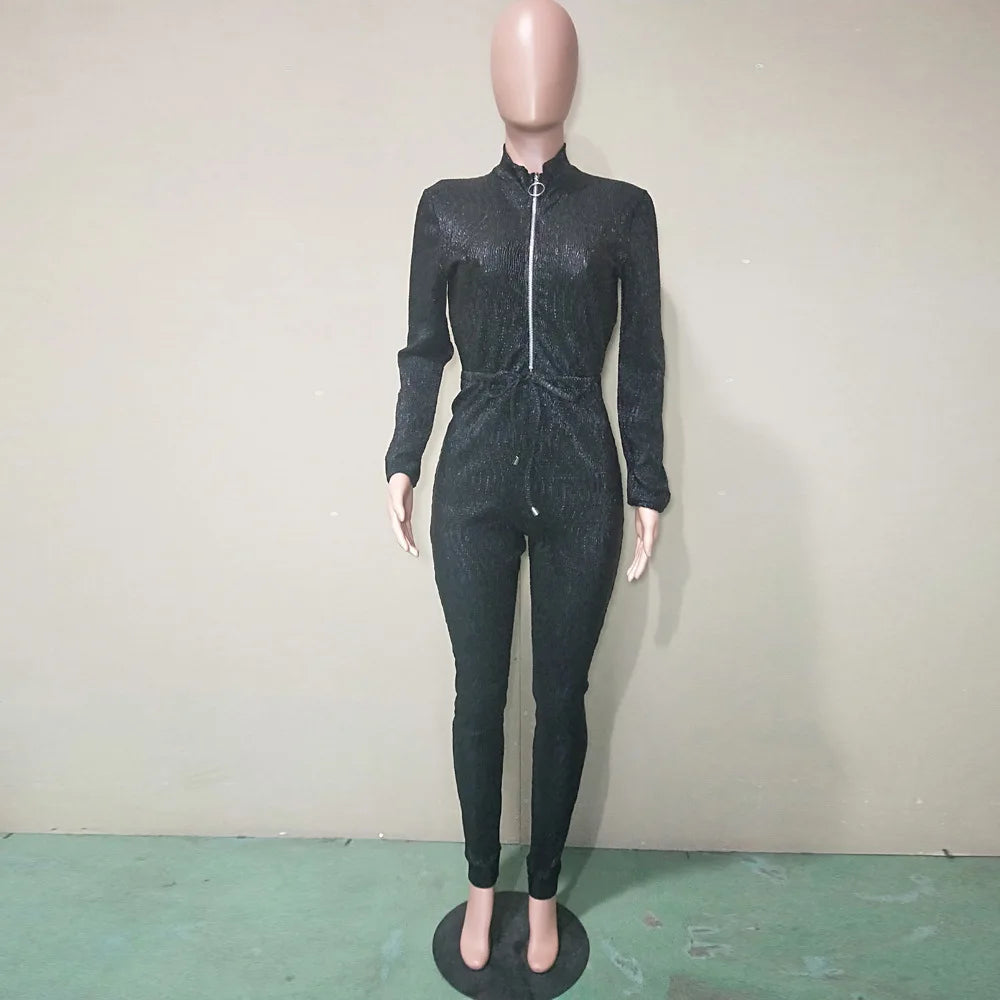 Elegant Silver Metallic Zippered Club Jumpsuit For Women