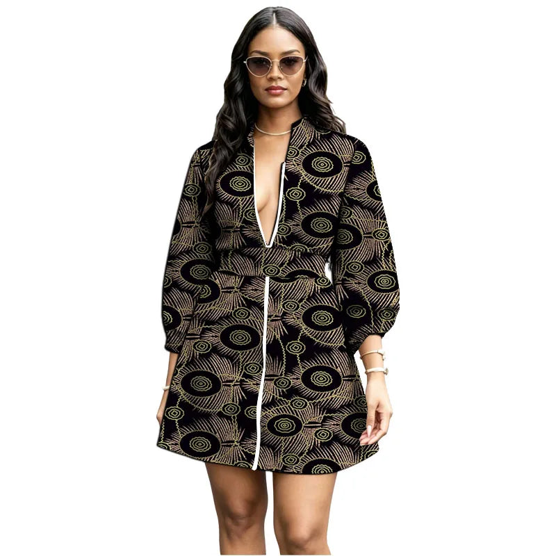 Zipper Belt African Print Loose Bishop Sleeve Dress for Women