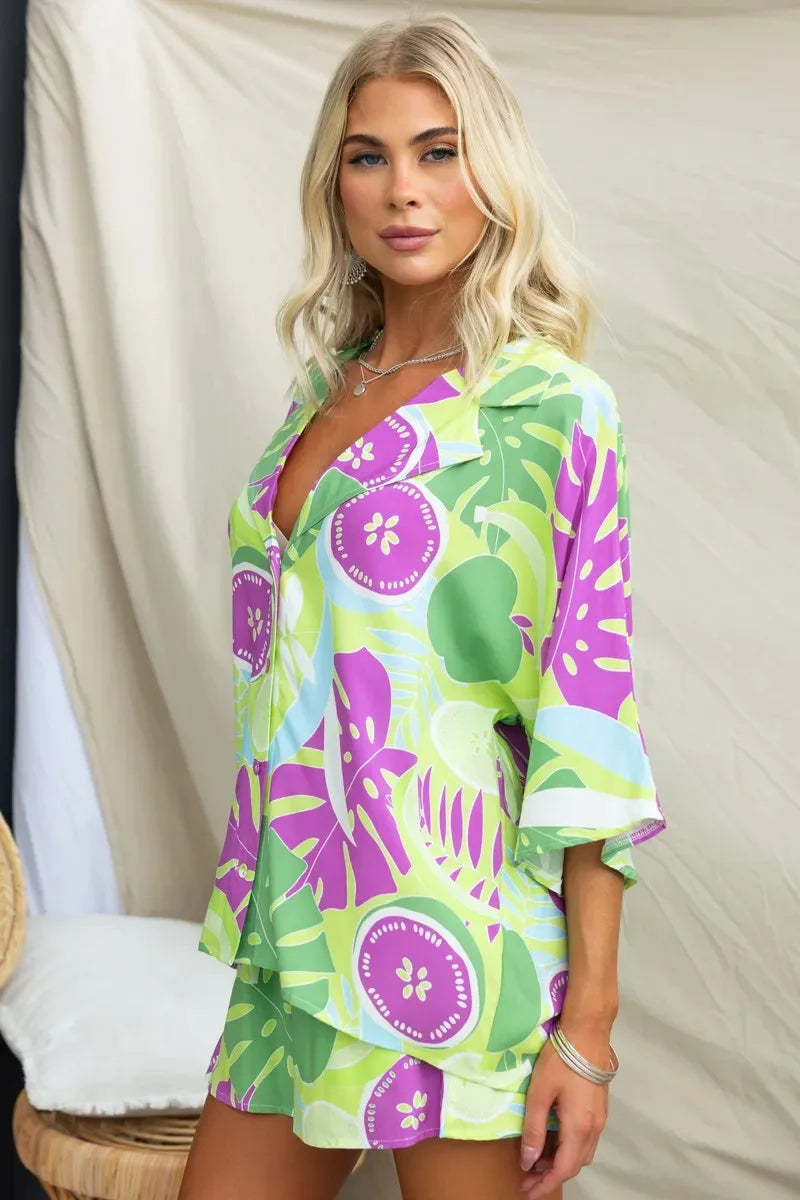 Summer Women Retro Print Short Sleeve 2PCS Loose Suits Casual V-Neck Shirt Top Elastic Waist Short Pants Sets Beachwear