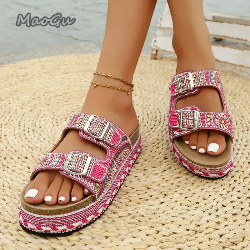 Bohemian Rhinestone Embroidered Platform Sandals For Women