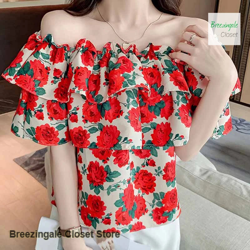 Casual French Style Floral One Shoulder Shirt For Women