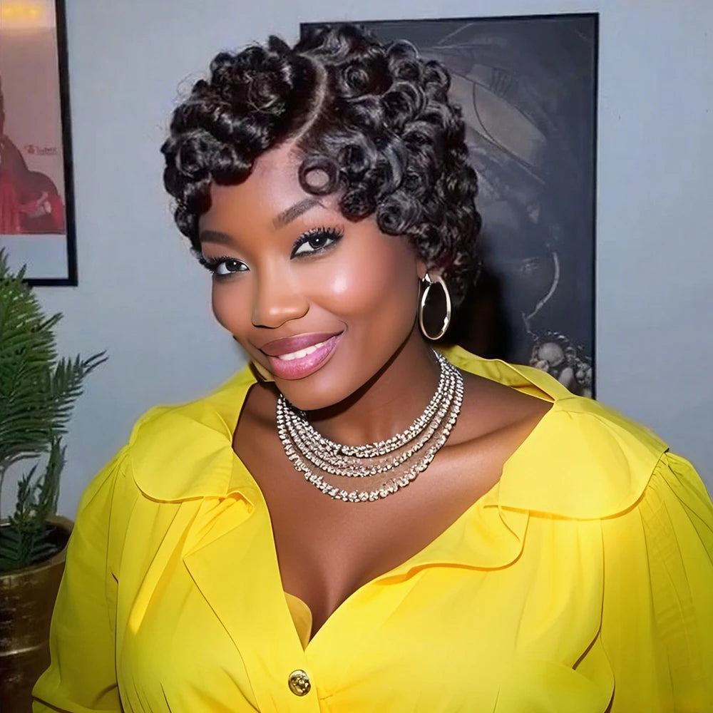 Short Layered Curly Pixie Lace Frontal Wig for Women