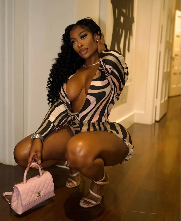 FAGADOER Sexy Stripe Print Two Piece Outfits Woman Long Sleeves See Through V-neck  Crop Top and Shorts Suit Hot Girl Streetwear