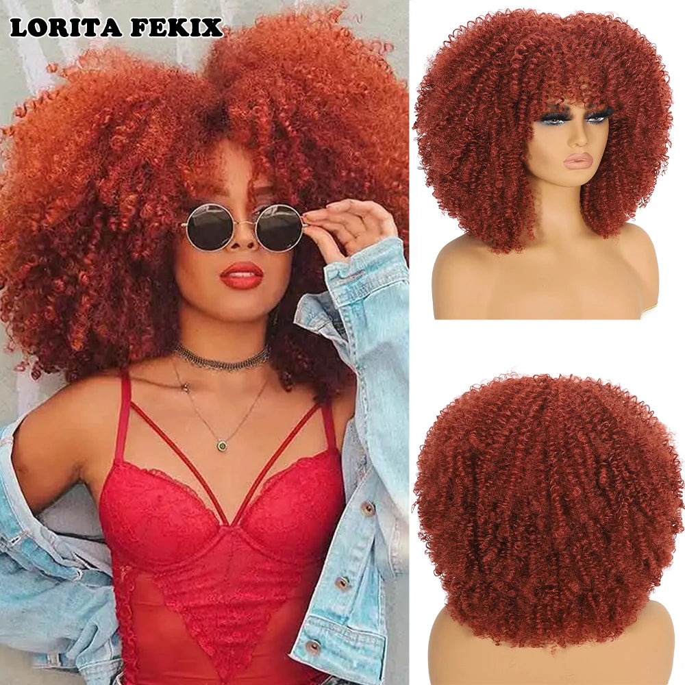 Soft Short Fluffy Afro Curly Wig With Bangs For Women
