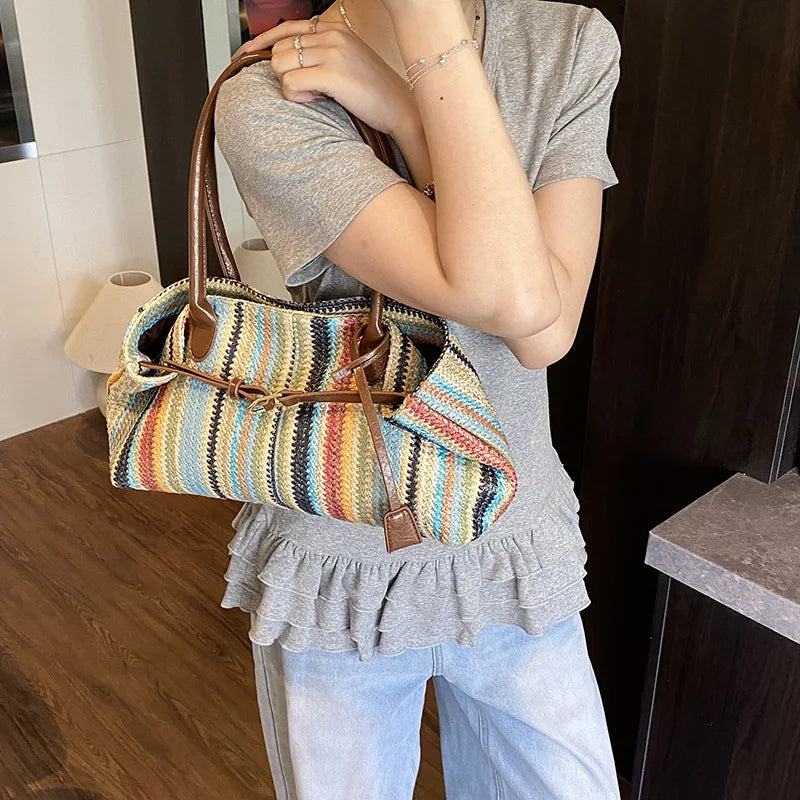 Large capacity rainbow woven tote bag, women's new versatile commuting beach bag, shoulder bag