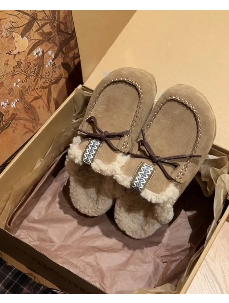 Sheepskin Fluffy Closed Toe Slippers Women Mules Shoes Warm Lace Up Indoor and Outdoor Cotton Shoes Female Winter Fashion