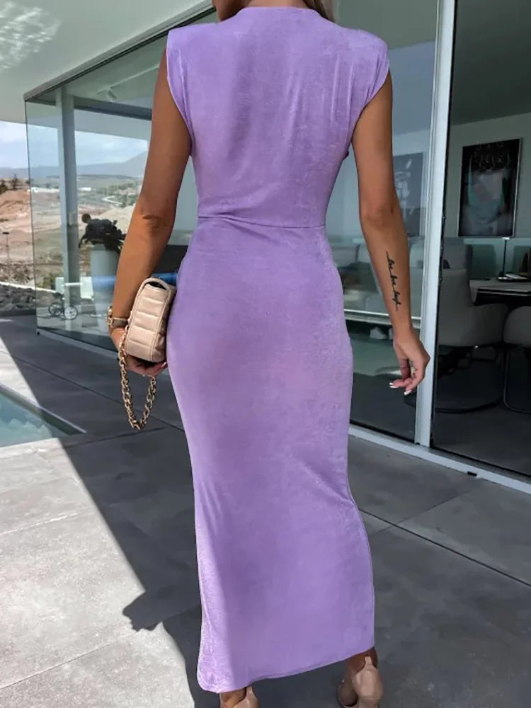 Office Lady Loungewear Deep V-Neck Maxi Dress Women Summer Sleeveless Solid Slim Fit Folds Party Dress Streetwear Dropshipping