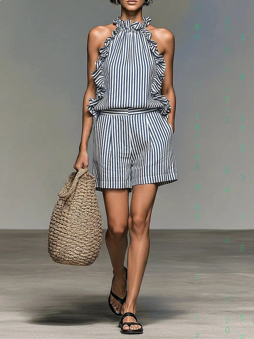 Striped Sleeveless Lace Top and Shorts Set for Women
