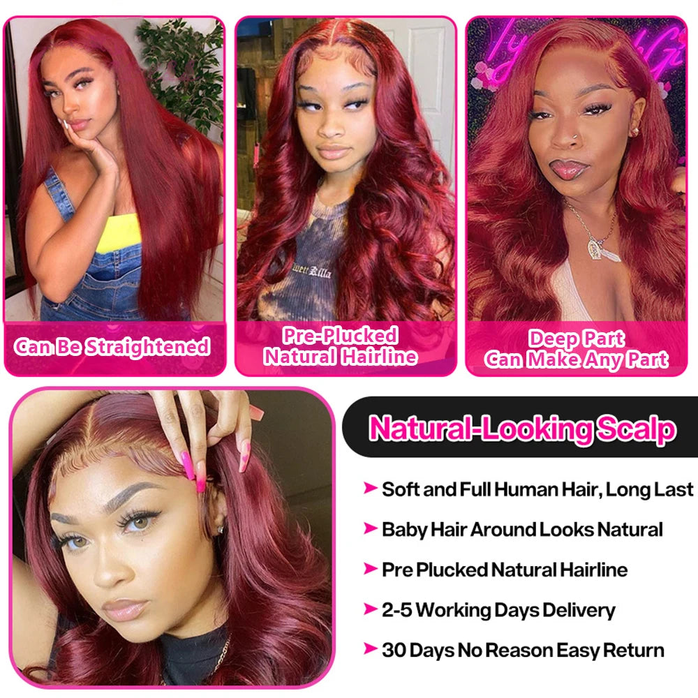 Luxury Burgundy Body Wave Lace Front Human Hair Wig For Women
