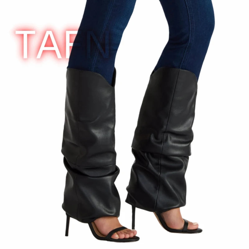 Pleated Knee High Boots Open Toe One Strap High Heel for Women