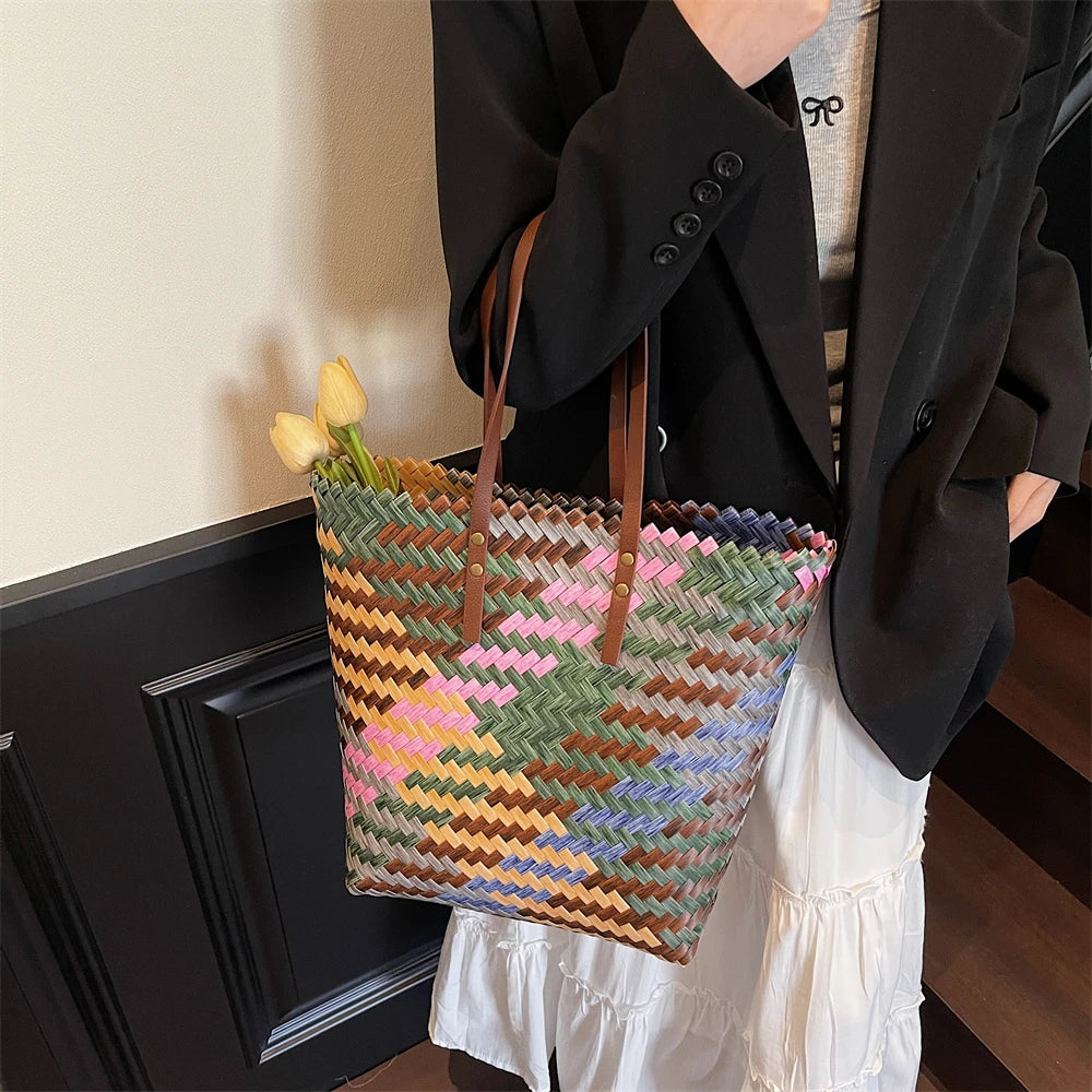 Colorful Braided PVC Tote Bag for Women With Large Capacity