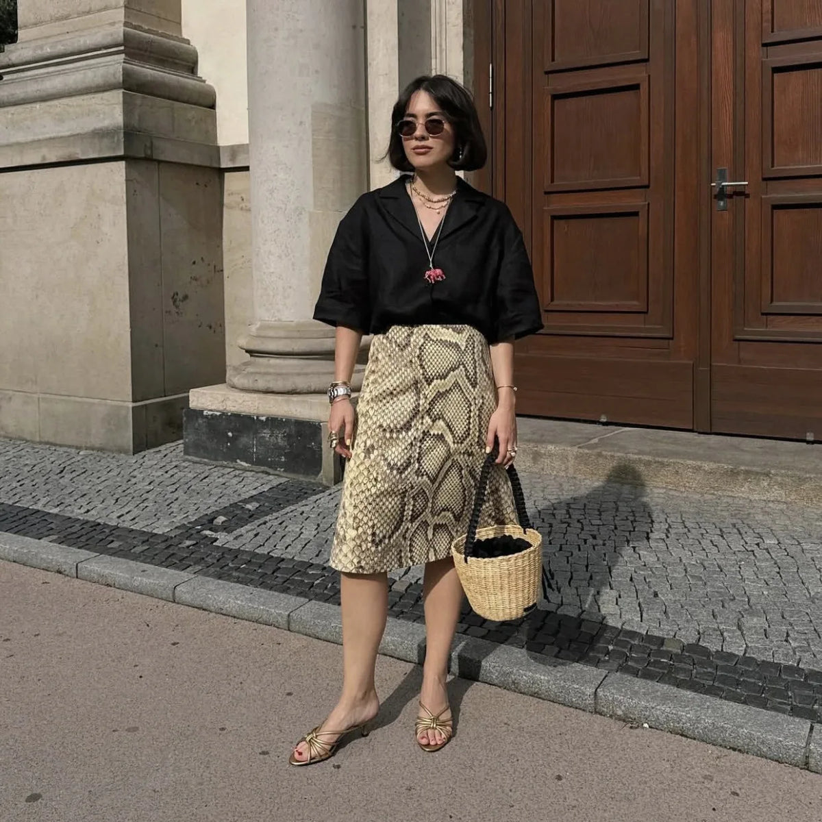 Snake Print High Waist Slim Fit Midi Skirt for Women