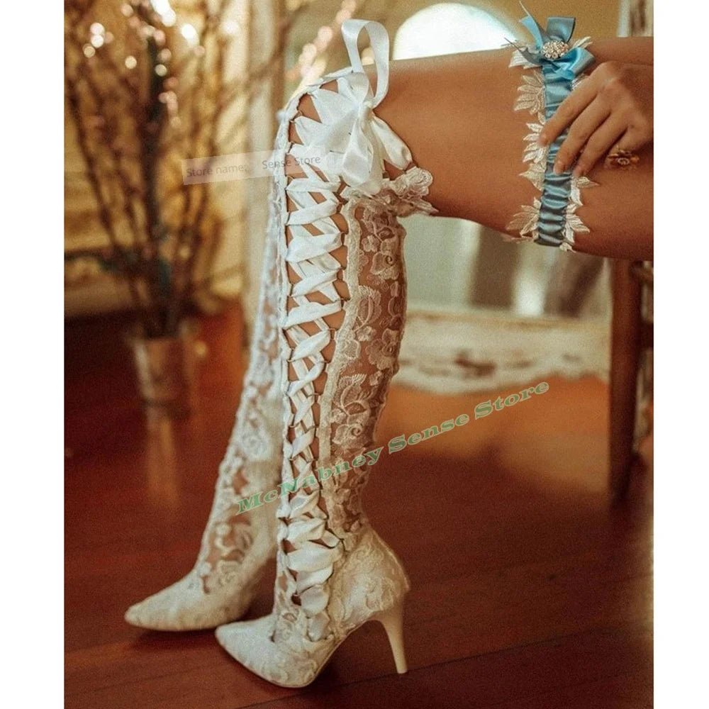 Lace Up Mesh Hollow Stiletto Knee High Boots For Women