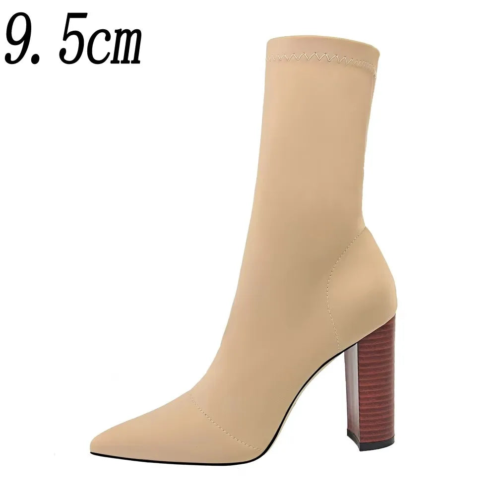 Pointed Toe Elastic High Heel Ankle Boots for Women