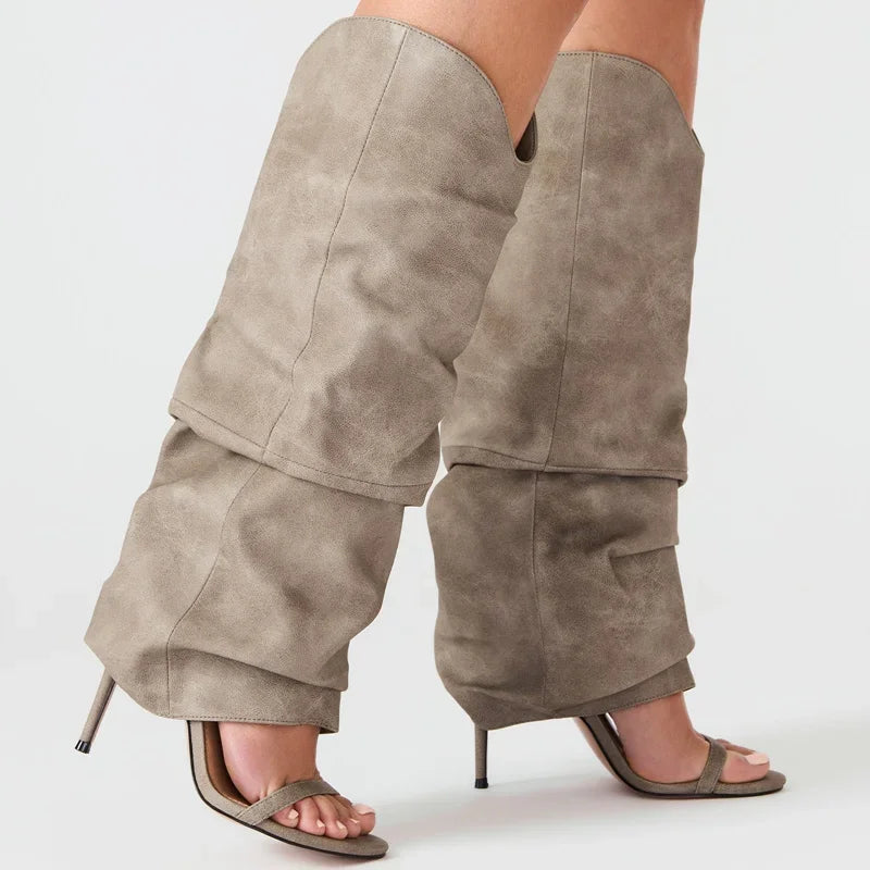 Pointed Toe Knee High Thin Heel Leather Boots for Women