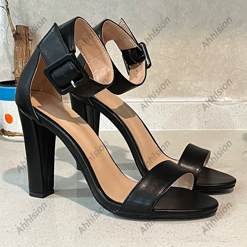 Black Chunky Square Heels Buckle Strap Platform Sandals for Women