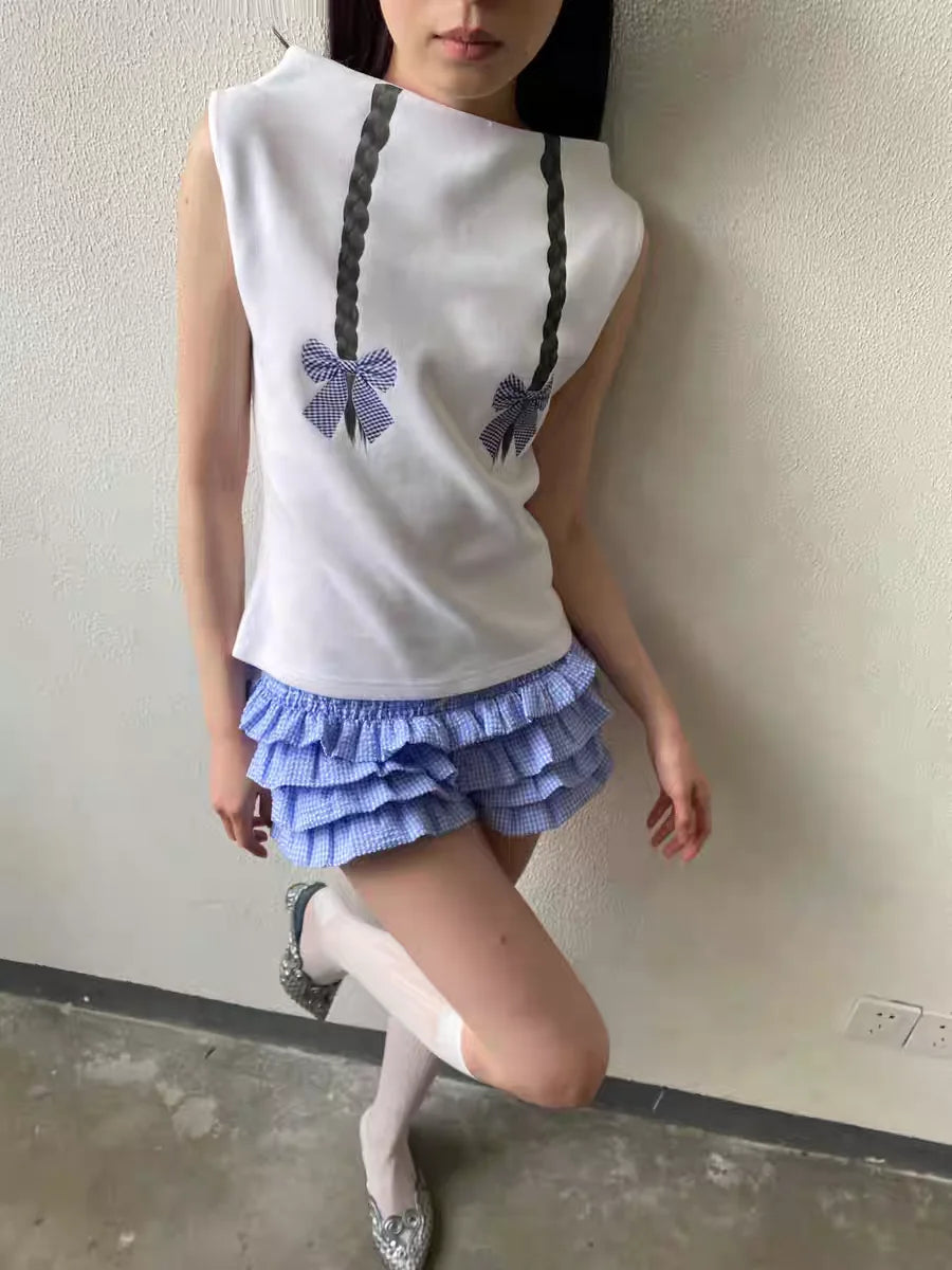 Layered Ruffle Elastic Waist Plaid Shorts for Women