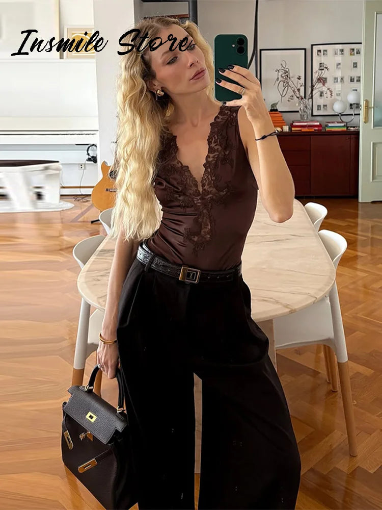 Slim Fit Backless Lace Patchwork Bodysuit For Women